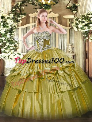 Olive Green Sleeveless Beading and Ruffled Layers Floor Length Sweet 16 Dress