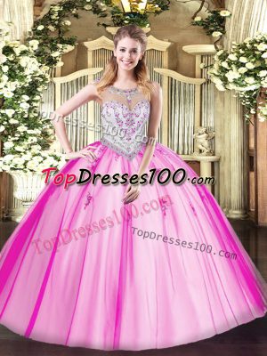 Scoop Sleeveless Tulle 15th Birthday Dress Beading and Appliques Zipper
