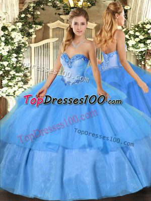 Glamorous Baby Blue Tulle Lace Up Sweetheart Sleeveless Floor Length Quinceanera Gown Beading and Ruffled Layers