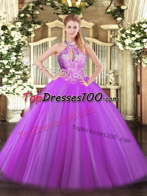 Purple Tulle Lace Up Quinceanera Gowns Sleeveless Floor Length Sequins