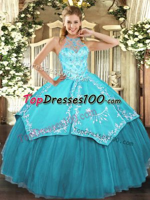 Elegant Aqua Blue Halter Top Lace Up Beading and Embroidery Vestidos de Quinceanera Sleeveless