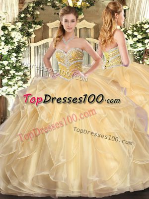 Floor Length Champagne Quinceanera Dresses Organza Long Sleeves Beading and Ruffles
