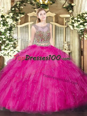 Modern Scoop Sleeveless Quinceanera Gowns Floor Length Beading and Ruffles Hot Pink Tulle