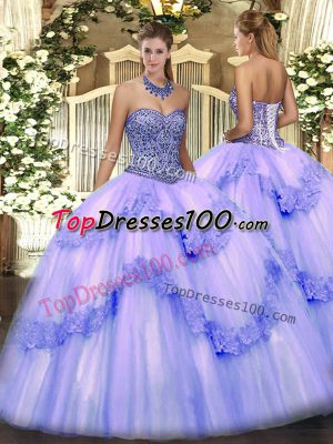 Lavender Sleeveless Beading and Appliques and Ruffles Floor Length 15th Birthday Dress