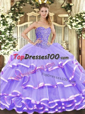 Organza Sweetheart Sleeveless Lace Up Beading and Ruffled Layers Quinceanera Gowns in Lavender