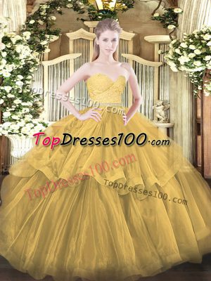 Gold Ball Gowns Sweetheart Sleeveless Tulle Brush Train Zipper Beading and Lace and Ruffled Layers Ball Gown Prom Dress