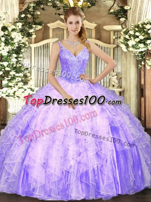 Lavender V-neck Lace Up Beading and Ruffles 15 Quinceanera Dress Sleeveless