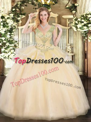 Sleeveless Tulle Floor Length Lace Up Quinceanera Dress in Champagne with Beading