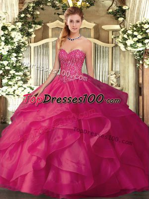 Discount Sleeveless Floor Length Beading and Ruffles Lace Up Sweet 16 Dress with Hot Pink