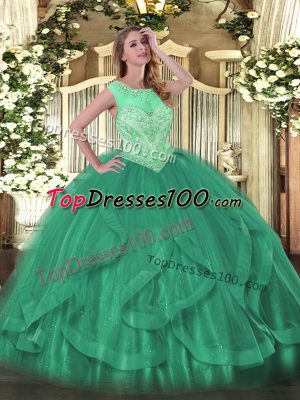 Sleeveless Floor Length Beading and Ruffles Lace Up Quinceanera Gown with Turquoise
