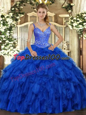 Most Popular Royal Blue Sleeveless Organza Lace Up Vestidos de Quinceanera for Military Ball and Sweet 16 and Quinceanera