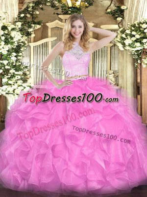 Rose Pink Zipper Scoop Lace and Ruffles Quinceanera Gowns Organza Sleeveless