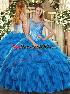 Baby Blue Lace Up Scoop Beading and Ruffles Sweet 16 Dresses Organza Sleeveless