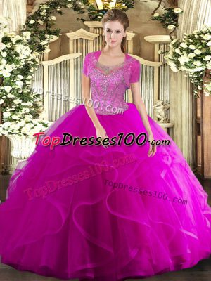 Sophisticated Scoop Sleeveless Quinceanera Dress Floor Length Beading and Ruffled Layers Fuchsia Tulle