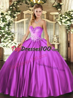 Shining Sweetheart Sleeveless Vestidos de Quinceanera Floor Length Beading Fuchsia Satin
