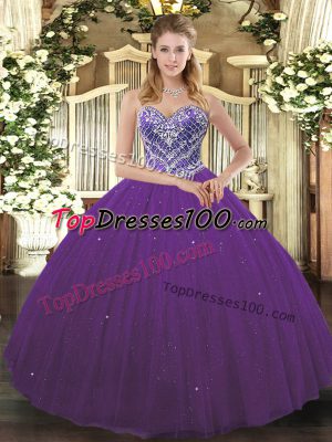 Sweetheart Sleeveless Sweet 16 Quinceanera Dress Floor Length Beading Purple Tulle