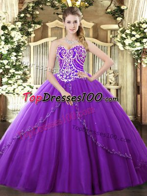 Customized Purple Quince Ball Gowns Tulle Brush Train Sleeveless Beading