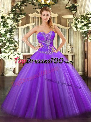 Floor Length Eggplant Purple Quinceanera Dresses Tulle Sleeveless Beading