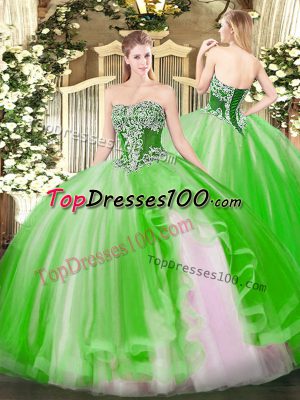Glittering Strapless Sleeveless Quinceanera Gown Floor Length Beading and Ruffles Tulle