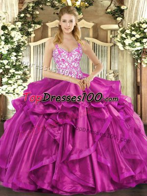 Popular Fuchsia Organza Lace Up Straps Sleeveless Floor Length Ball Gown Prom Dress Beading and Appliques and Ruffles