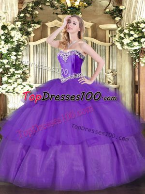 Ideal Sleeveless Tulle Floor Length Lace Up Sweet 16 Quinceanera Dress in Lavender with Beading and Ruffled Layers