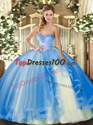 Sleeveless Floor Length Beading and Ruffles Lace Up Quinceanera Dress with Baby Blue