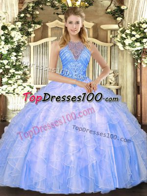 Blue Sleeveless Floor Length Beading and Ruffles Lace Up Sweet 16 Dress