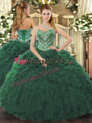Beading and Ruffled Layers Sweet 16 Dresses Dark Green Lace Up Sleeveless Floor Length