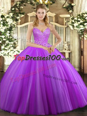 Tulle V-neck Sleeveless Lace Up Beading Quinceanera Dress in Eggplant Purple