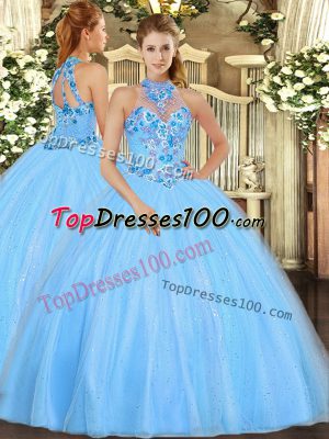 Sweet Embroidery 15th Birthday Dress Baby Blue Lace Up Sleeveless Floor Length