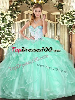 Trendy Apple Green Organza Lace Up Sweet 16 Dress Sleeveless Floor Length Beading and Ruffles