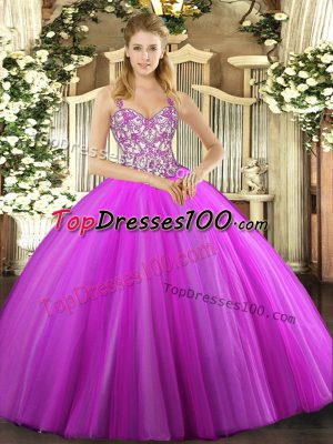 Sophisticated Lilac Tulle Lace Up Straps Sleeveless Floor Length Vestidos de Quinceanera Beading and Appliques