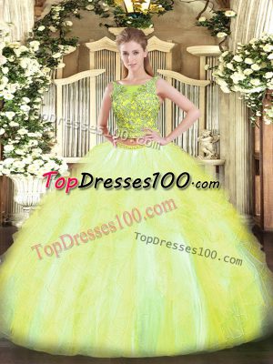 Fabulous Sleeveless Tulle Floor Length Lace Up Sweet 16 Dress in Yellow Green with Beading and Ruffles