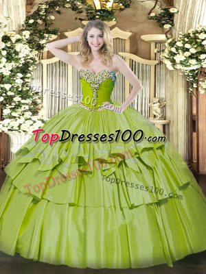 Dynamic Olive Green Sleeveless Floor Length Beading and Ruffled Layers Lace Up Quinceanera Gowns