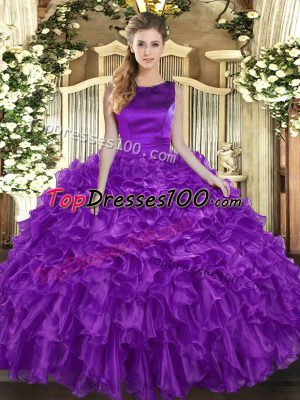 Eggplant Purple Sleeveless Organza Lace Up Quinceanera Dresses for Military Ball and Sweet 16 and Quinceanera