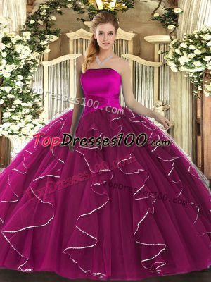 Fuchsia Lace Up Strapless Ruffles Sweet 16 Dress Tulle Sleeveless