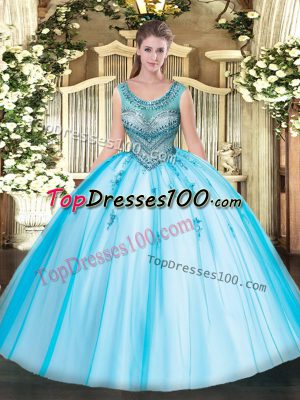 Sleeveless Lace Up Floor Length Beading and Appliques Ball Gown Prom Dress