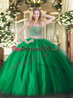 Most Popular Green Scoop Neckline Beading Quinceanera Gowns Sleeveless Lace Up