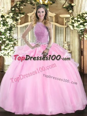 Pink Organza Lace Up Sweet 16 Dresses Sleeveless Floor Length Beading