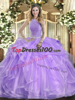 Affordable Lavender Sleeveless Beading and Ruffles Floor Length Quinceanera Gowns