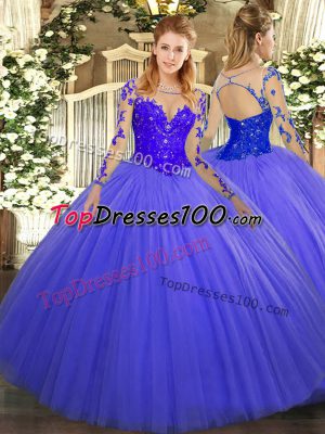 Hot Sale Blue Tulle Lace Up Scoop Long Sleeves Floor Length Vestidos de Quinceanera Lace