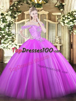 Floor Length Lilac Quinceanera Dress Off The Shoulder Sleeveless Lace Up