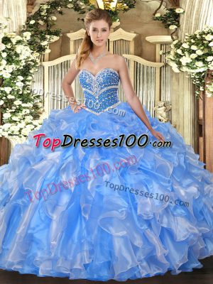 Exquisite Baby Blue Lace Up Sweet 16 Dresses Beading and Ruffles Sleeveless Floor Length