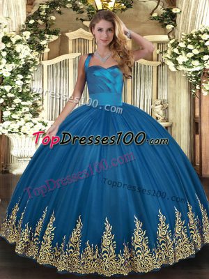Popular Blue Sleeveless Floor Length Appliques Lace Up Sweet 16 Dresses