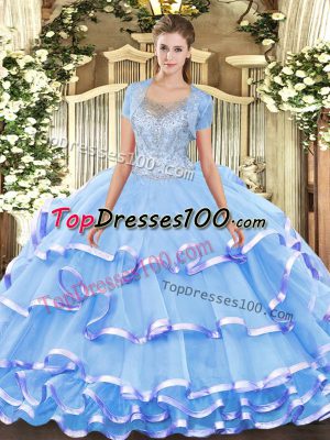 Dazzling Aqua Blue Sleeveless Tulle Clasp Handle Sweet 16 Dresses for Military Ball and Sweet 16 and Quinceanera