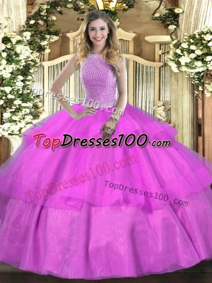Trendy Ball Gowns Quinceanera Dress Lilac High-neck Tulle Sleeveless Floor Length Lace Up