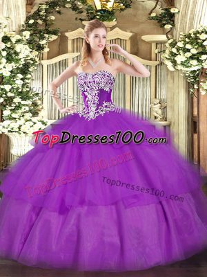 Suitable Floor Length Ball Gowns Sleeveless Purple Quinceanera Dresses Lace Up