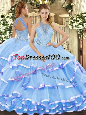 Aqua Blue Halter Top Lace Up Beading and Ruffled Layers Sweet 16 Dresses Sleeveless