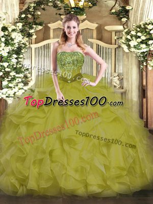 Olive Green Lace Up Quince Ball Gowns Beading and Ruffles Sleeveless Floor Length