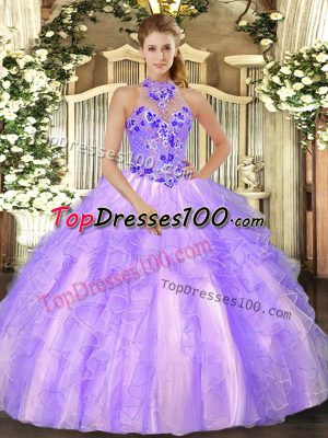 Lavender Sleeveless Beading and Ruffles Floor Length Sweet 16 Dresses